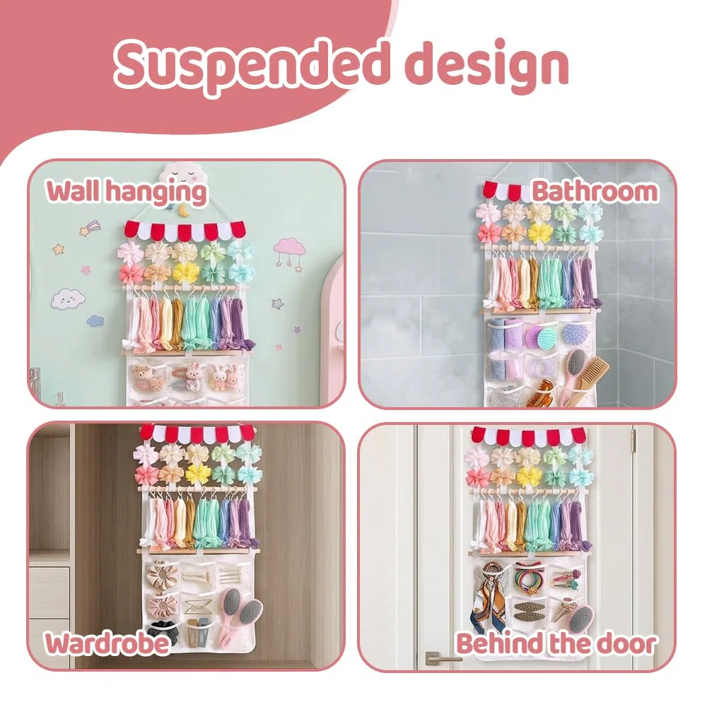 MiOYOOW Hängender Stirnbandhalter, Haaraccessoire Organizer, Boho Stirnband Aufbewahrungsregal mit 10 Haken und 9 Netztaschen für Haarspangen, Haarbänder und Haargummis