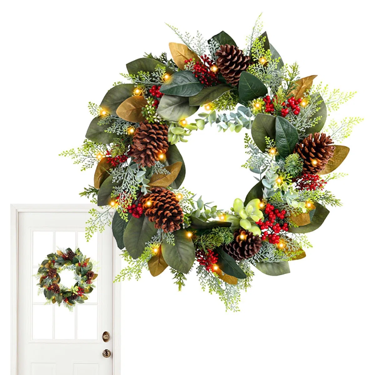 Beleuchteter Weihnachtskranz,Weihnachtstürkranz Beleuchtet | Natürliche Tannenzapfengirlande | Weihnachtskranz mit Tannenzapfen, roten Beeren, beleuchteter Weihnachtskranz für Winterferien, Heimdekora