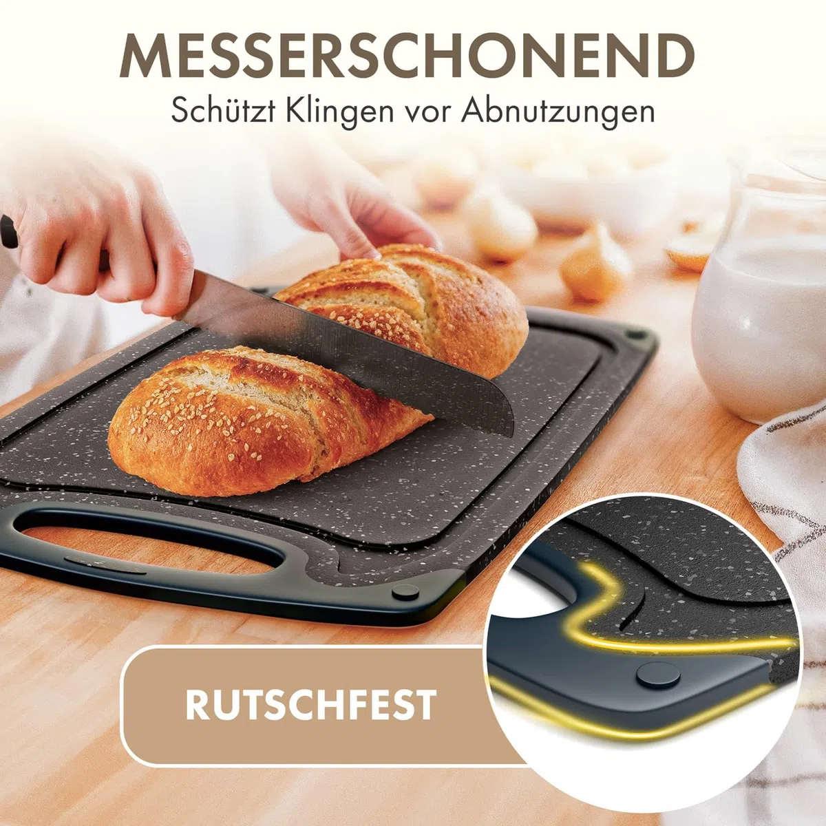 Blumtal Schneidebrett Set mit 3 Größen (S/M/L) - Schneidebrett Kunststoff groß + Saftrillen & Griff - Cutting Board - Schneidbrett BPA frei langlebiges Küchenbrett Schwarz