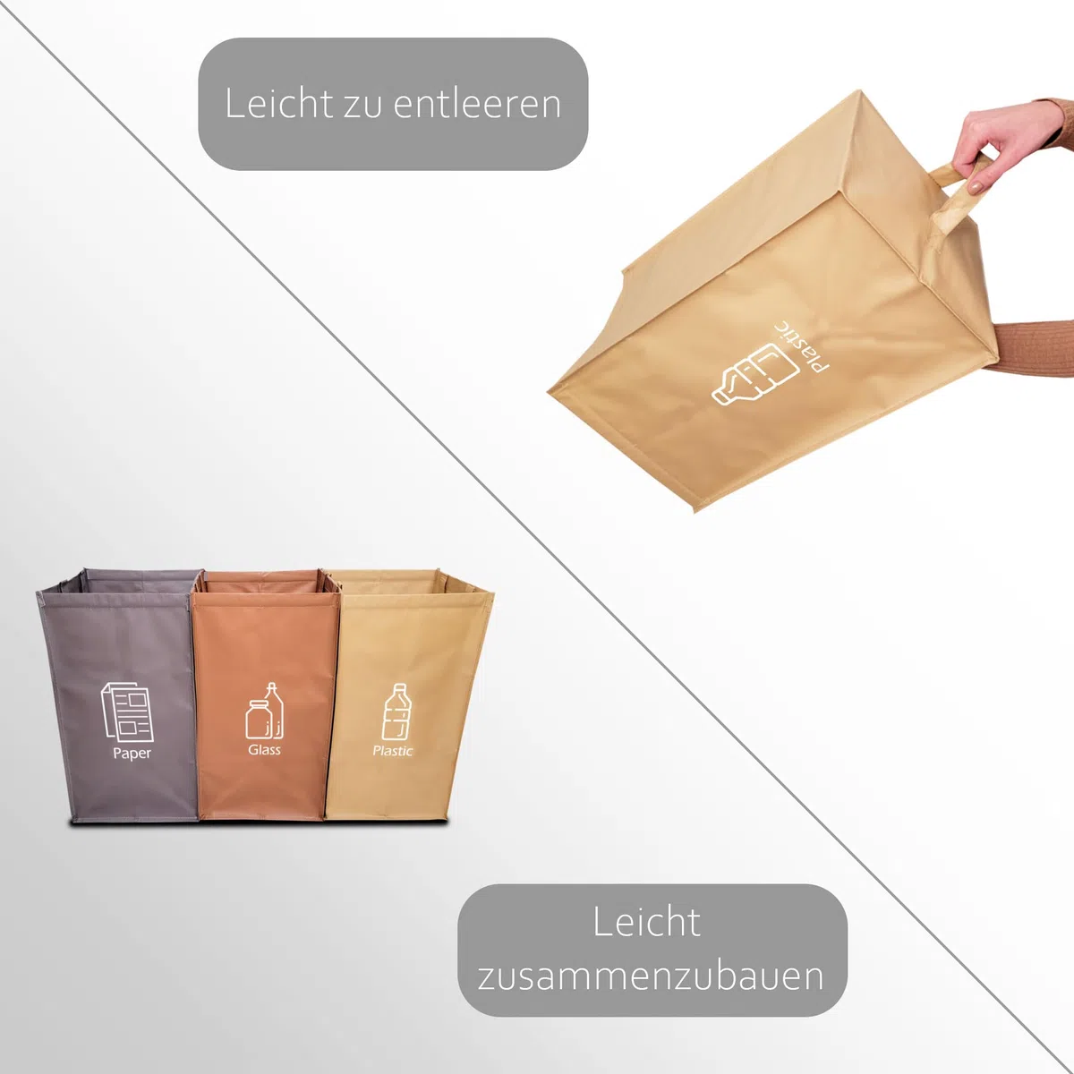 NYIKA Recycling System - Altglas Sammelbehälter - Pfandflaschen Aufbewahrung - Leergut Sammelbehälter - Mülltrennsystem 3fach - Mülltrennsystem - Altpapier Sammler (leicht mediterran)