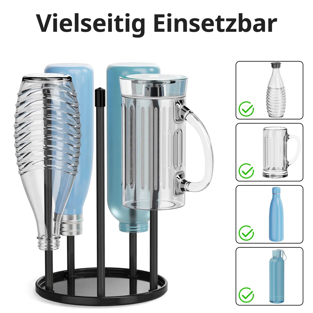 Flaschenhalter für SodaStream - Premium Abtropfhalter aus Keramik Abtropfständer mit Abtropfwanne für 5 SodaStream Crystal | Emil Flaschen Schwarz