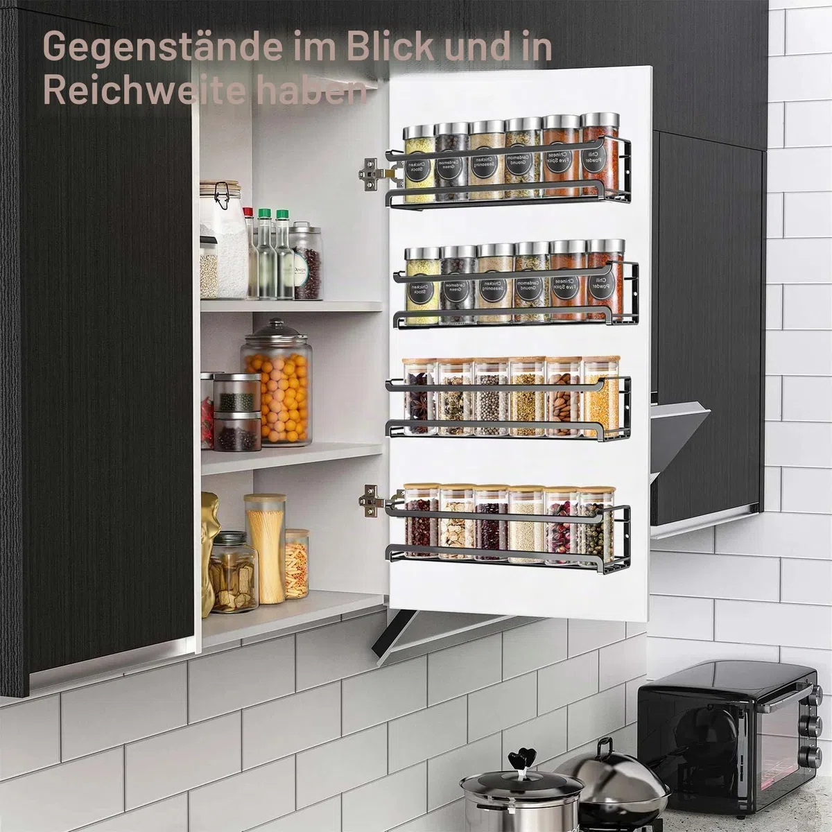 Gewürzregale, Organizer mit 4 Etagen, Küchenschrank, Gewürzregal mit selbstklebendem Stab, Wandmontage, Gewürzregal für Küche und Schran