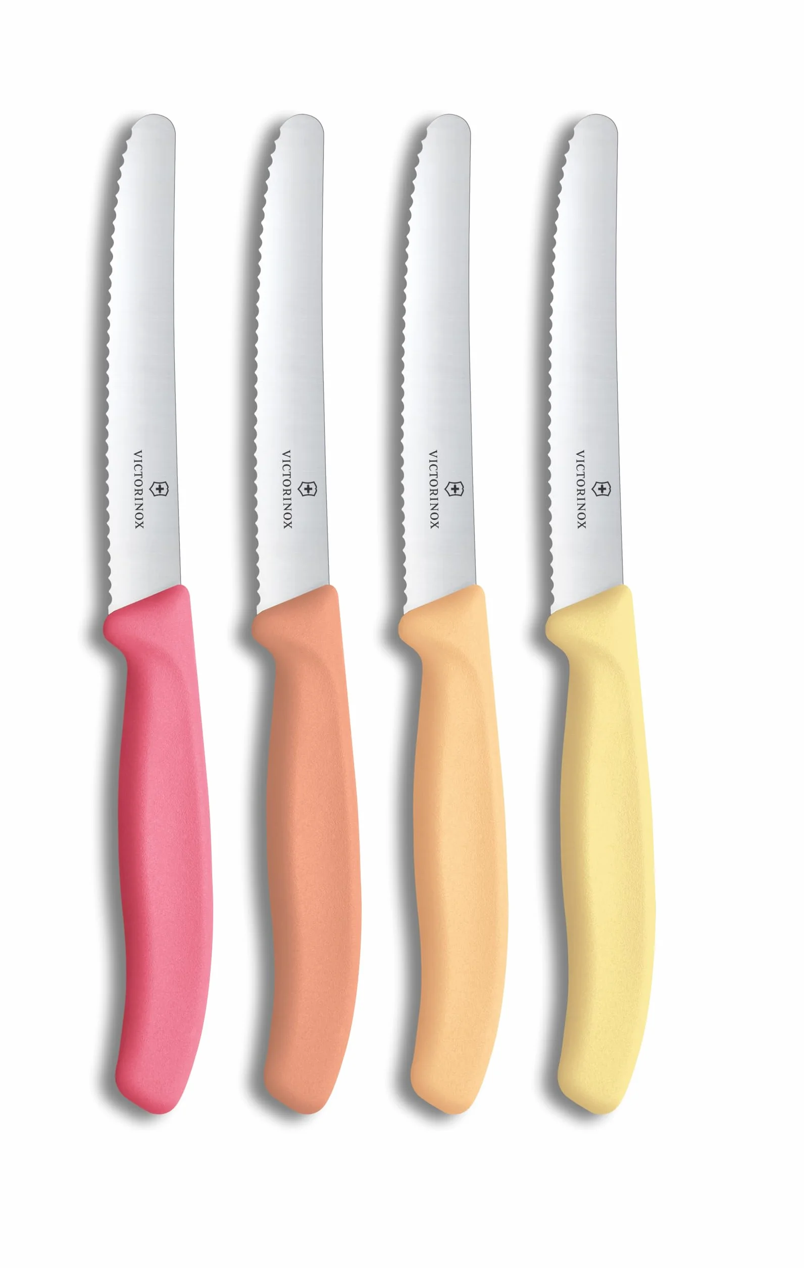 Victorinox Swiss Classic Frühstücksmesser, Brötchenmesser, Set 4teilig, Scharfe Klinge, Wellenschliff, 11 cm, Rostfreier Stahl, Pink, Orange und Gelb