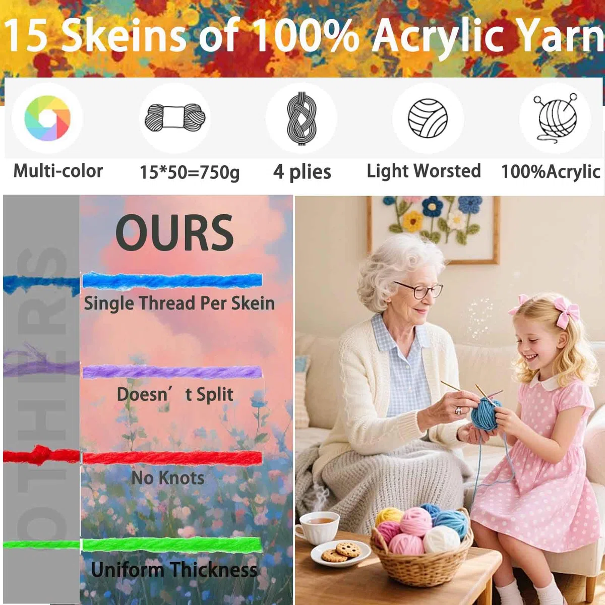 Häkelgarn, Strickwolle, 15 x 50g, Acrylgarn mit Aluminium-Häkelnadeln, Maschenmarkierer für Häkelgarn, Kits für Anfänger, Erwachsene, Wolle zum Häkeln, Stricken und Basteln (750g)