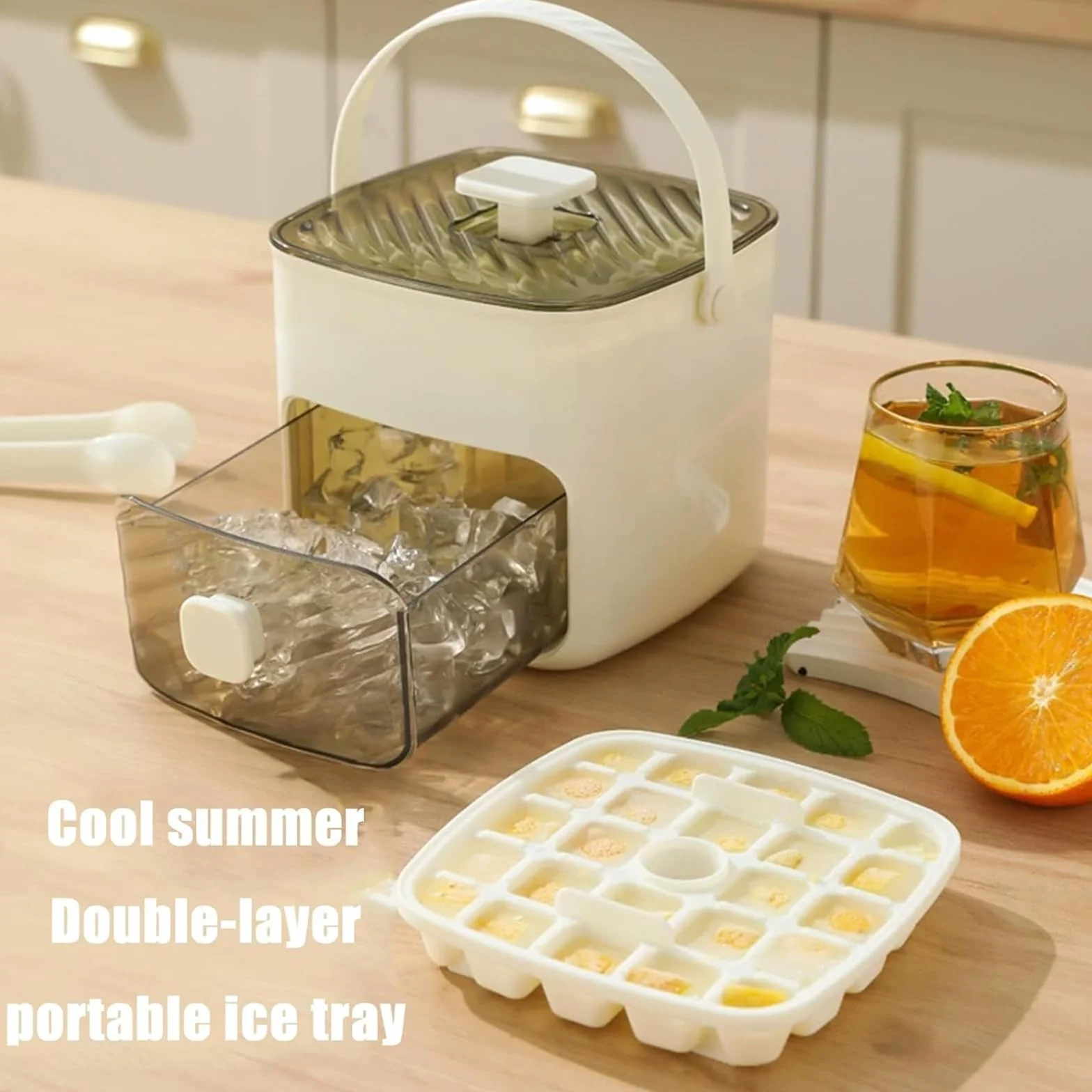Eiswürfelmaschine Mit Presstyp, Eiswürfelbox Mit Schublade und Aufbewahrungsbehälter, 48 Gitter Wiederverwendbares Eisgitter Für Kaffee-Cocktails und Saft, Ideal Für Home Kitchen Green