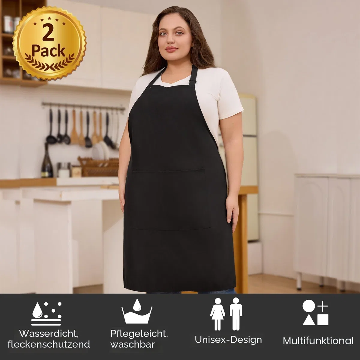 2 Stück Übergröße Kochschürze, Schwarze Schürze, Unisex Küchenschürze mit 2 Taschen zum Kochen, Grillen, Arbeiten, Professionelle Schürze für Kellner, Künstler, Friseur (Große Größe)