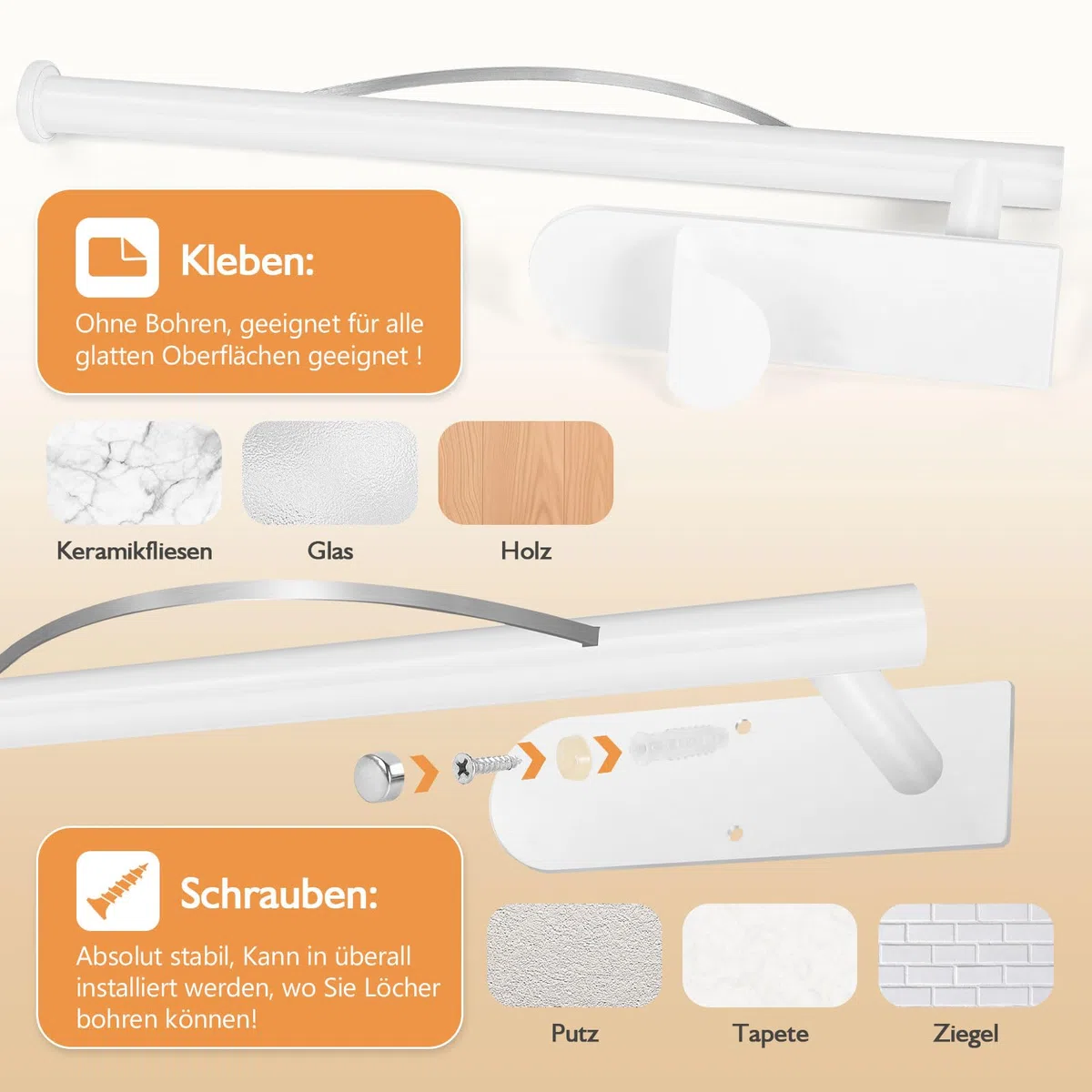 Küchenrollenhalter Ohne Bohren, Mit Abroll-Bremse Küchenpapierhalter Selbstklebend, Papierrollenhalter Edelstahl Küche Rollenhalter Wand oder Unter Schrank (Weiß)