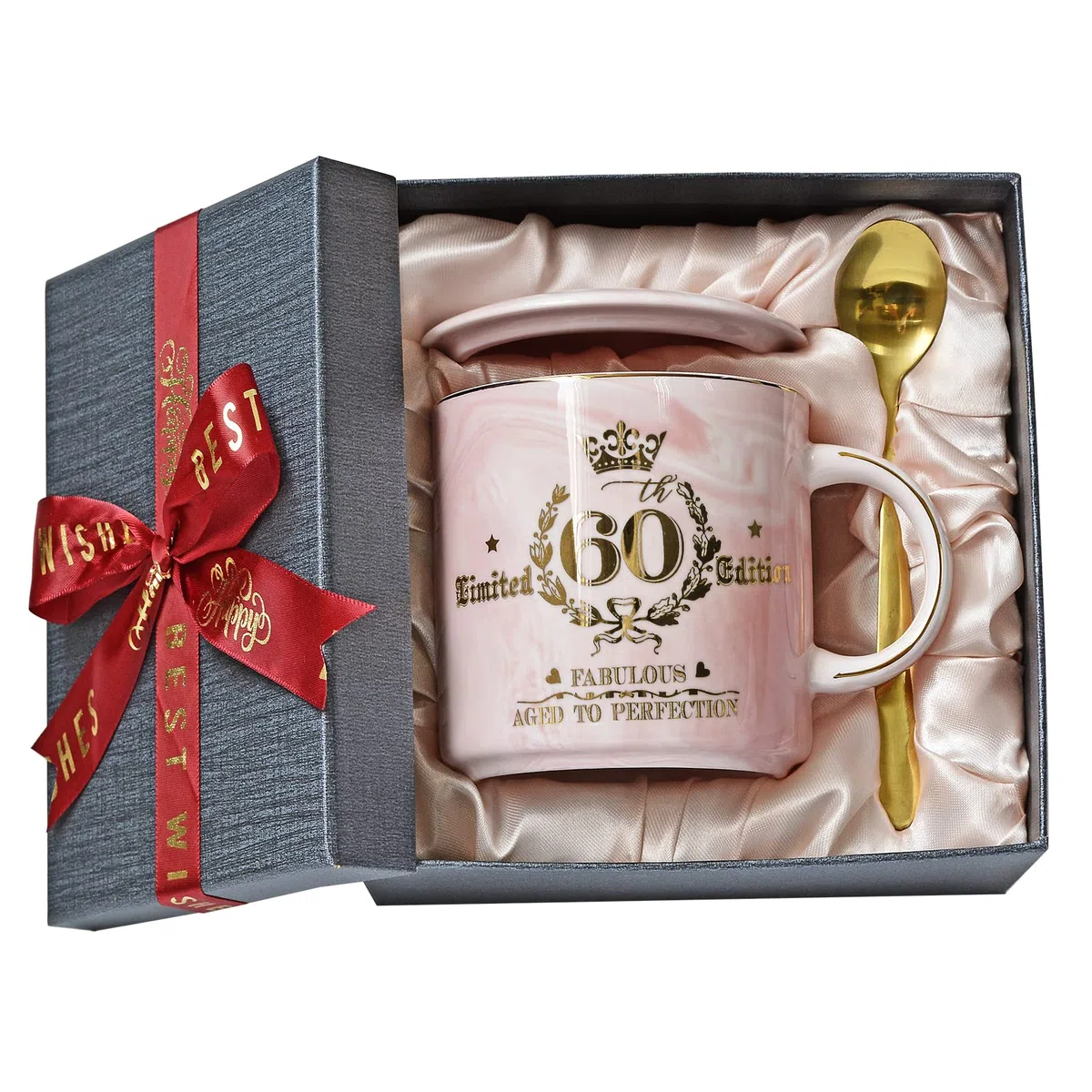 Geschenke zum 60 Geburtstag Frau, Fabelhafter 60. Limited Edition, 400ml Rosa Marmor Kaffeetasse mit Golddruck, Geschenk für Frauen zum 60.ter Geburtstag, Oma, Mutter, Schwester, Schöne Geschenkbox