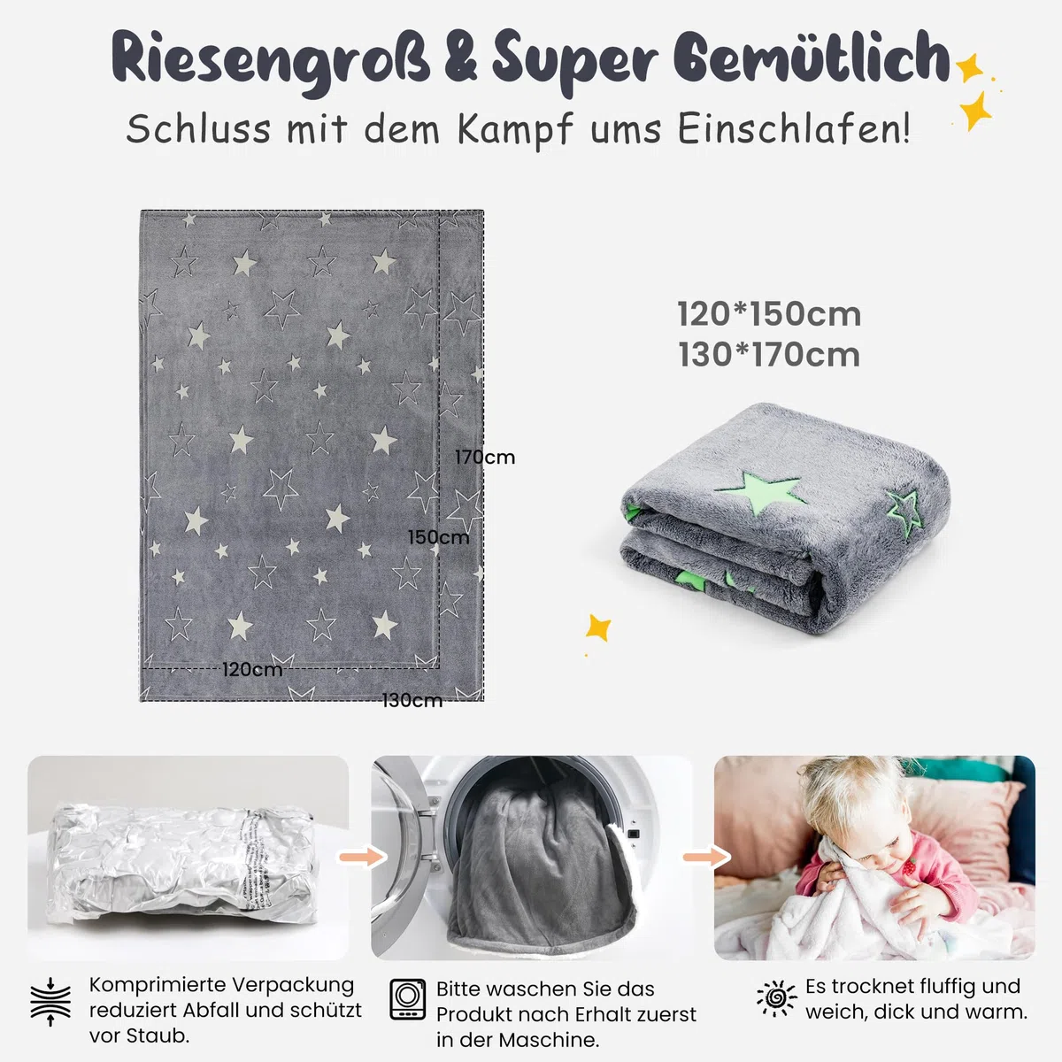 Winthome Kuscheldecke Kinder, Deck Glow In The Dark, Fleecedecke 130x170cm Weiche Flauschig, Babydecke Warme Kuschelig, Sofadecke für Mädchen Junge, Geschenke, Passend zu Allen Jahreszeiten (Stern)