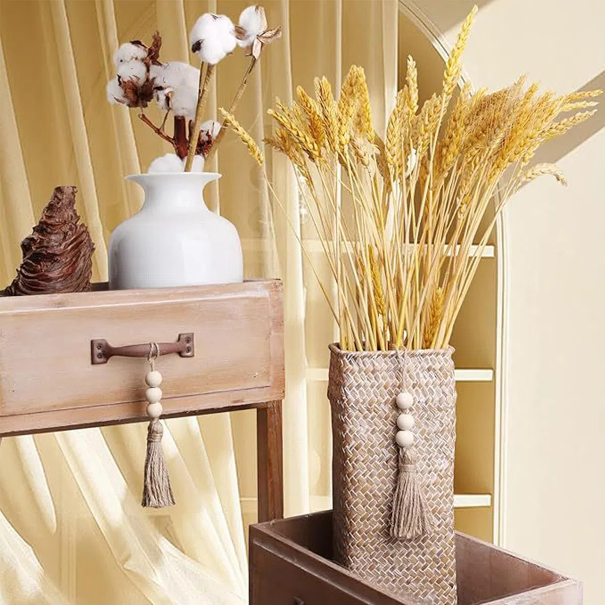 20 Stück Juteseil Quasten mit 3 Holzperlen, Natürliche Holzperlen Girlande, Rustikale Bauernhaus Dekoration für Weihnachtsbaum, Tür, Fenster, Hochzeit, DIY Handwerk (Naturfarbe)
