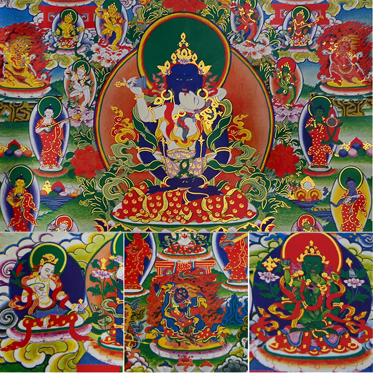 Gandhanra Thangka Tibetische Wandbehang,42 Friedliche Gottheiten des Bardo Thodol (Tibetanisches Totenbuch),Heißgeprägter Buddha Wandteppich für Zen Wohnkultur, Meditation, Spirituelle Entspannung