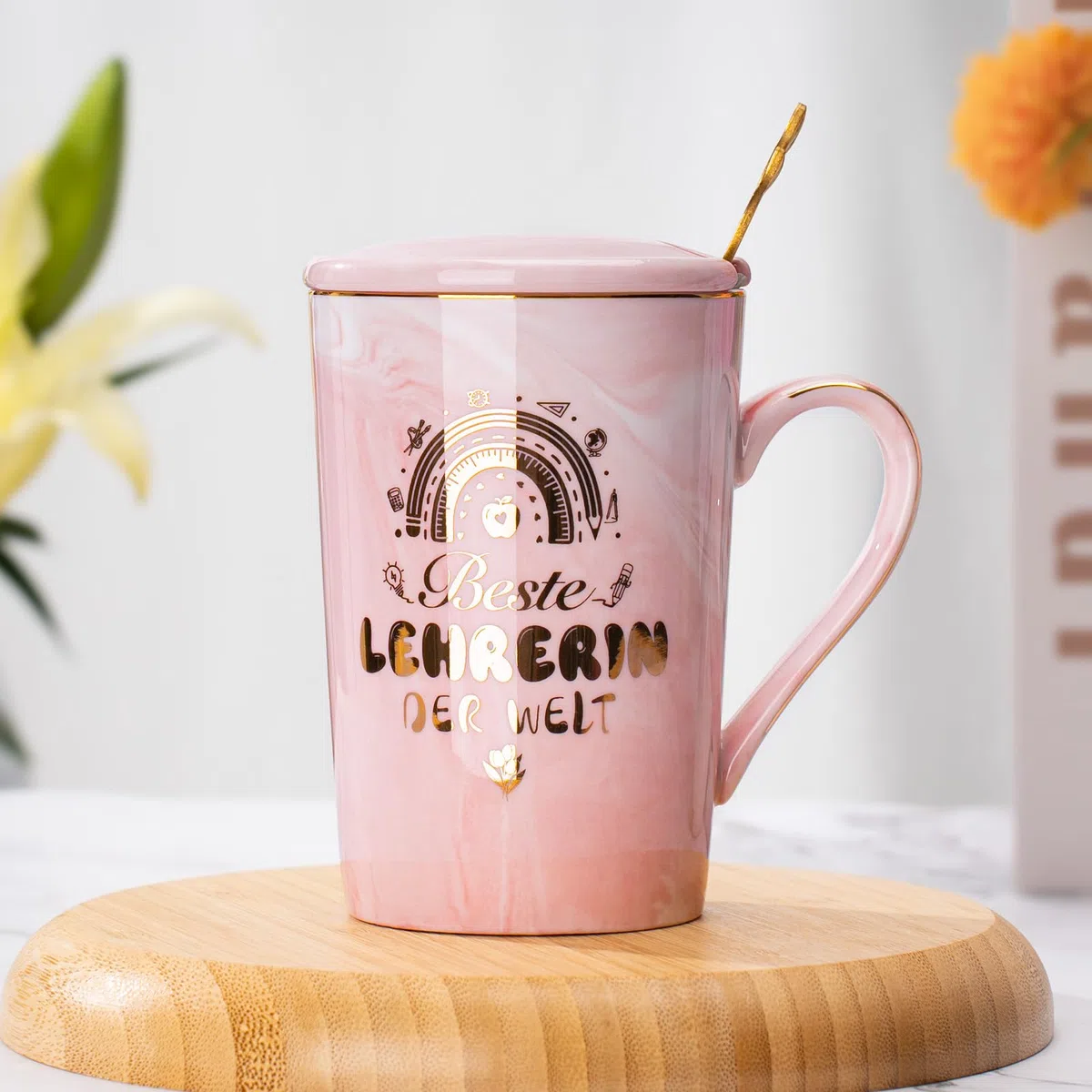 Abschiedsgeschenk Erzieherin, Abschiedsgeschenk Lehrerin, Tasse - Geschenk Erzieherin Abschied Lehrerin Geschenk Marmor Keramiktasse 400ml, mit Goldaufdruck, Deckel, Löffel, Grußkarte, Geschenkbox