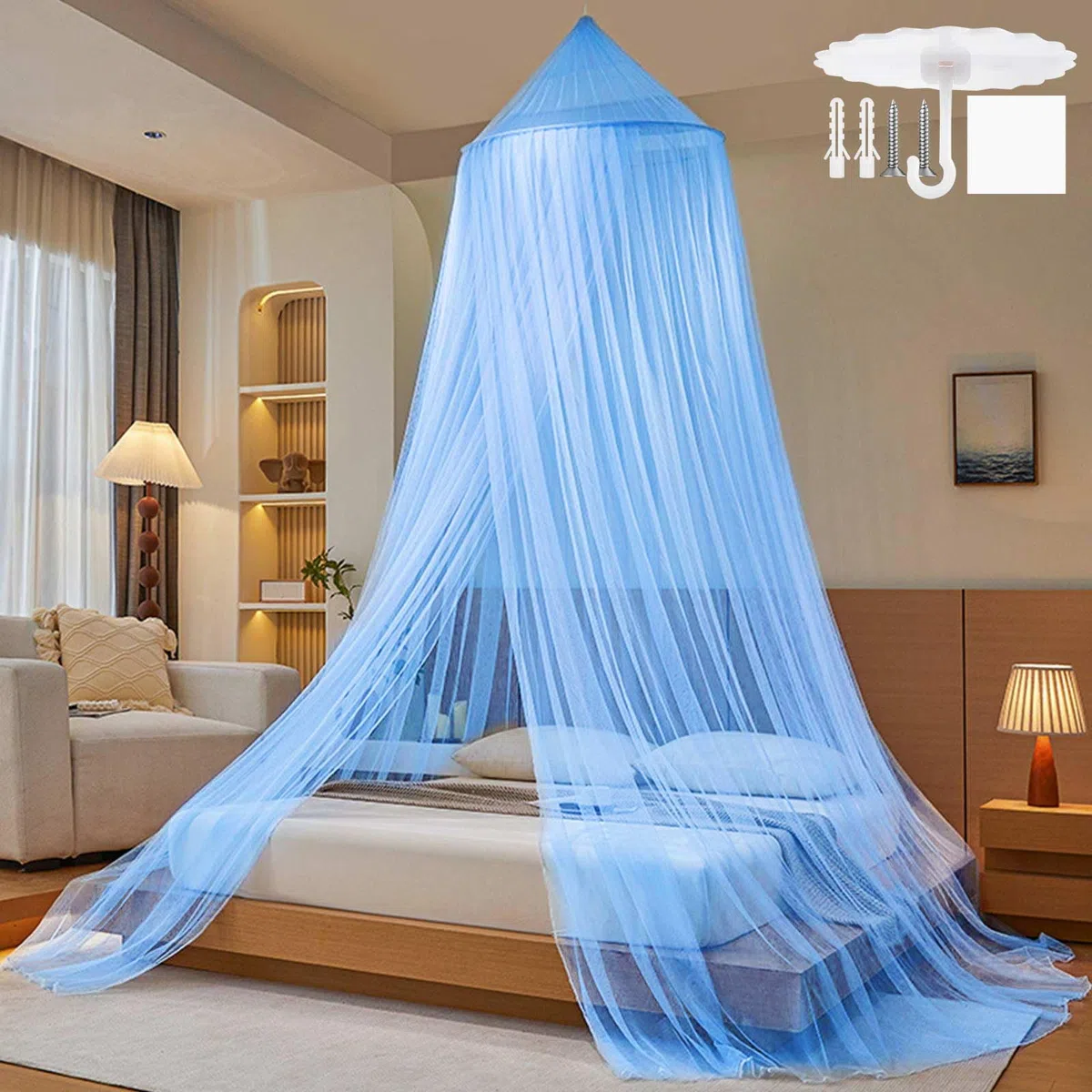 Reise Moskitonetz Bett mit Klebehaken Schrauben,Himmelbett Vorhänge für Moskitonetz Doppelbett und Einzelbett,Blau Fliegengitter Moskitonetze für Garten Camping Hause Betthimmel,60x250x1100cm