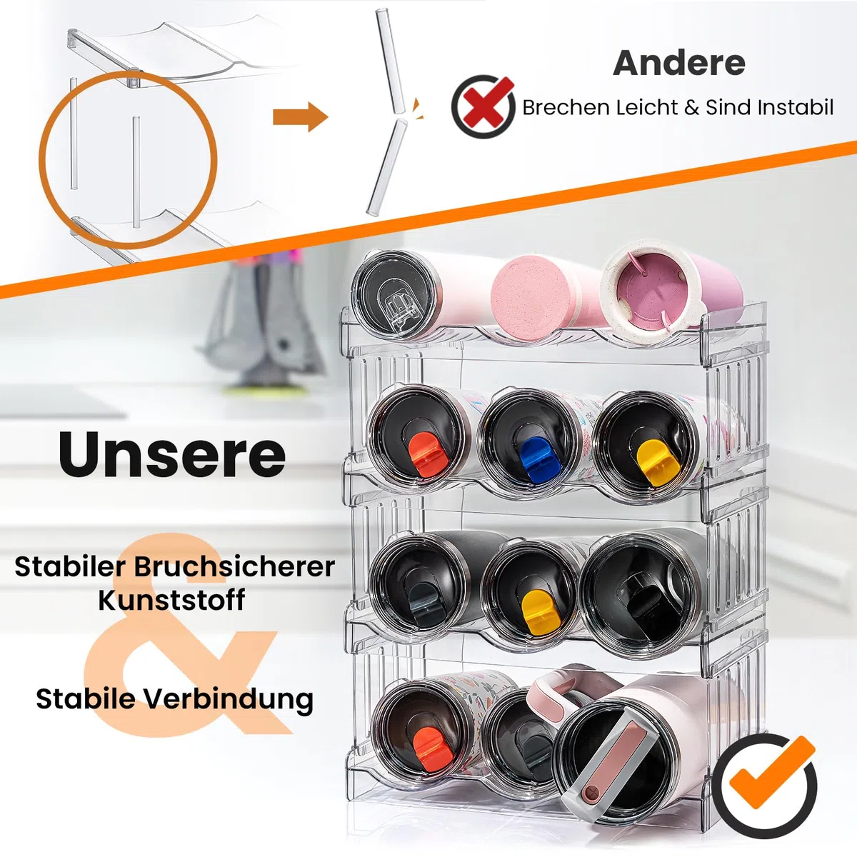Gracenal Stapelbar Flaschenregal, Flaschenhalter für Küche Schrank Flaschen Organizer, Kühlschrank Getränke Organizer, 4 Schichten Stanley Cup Zubehör für 1,2L Flaschen