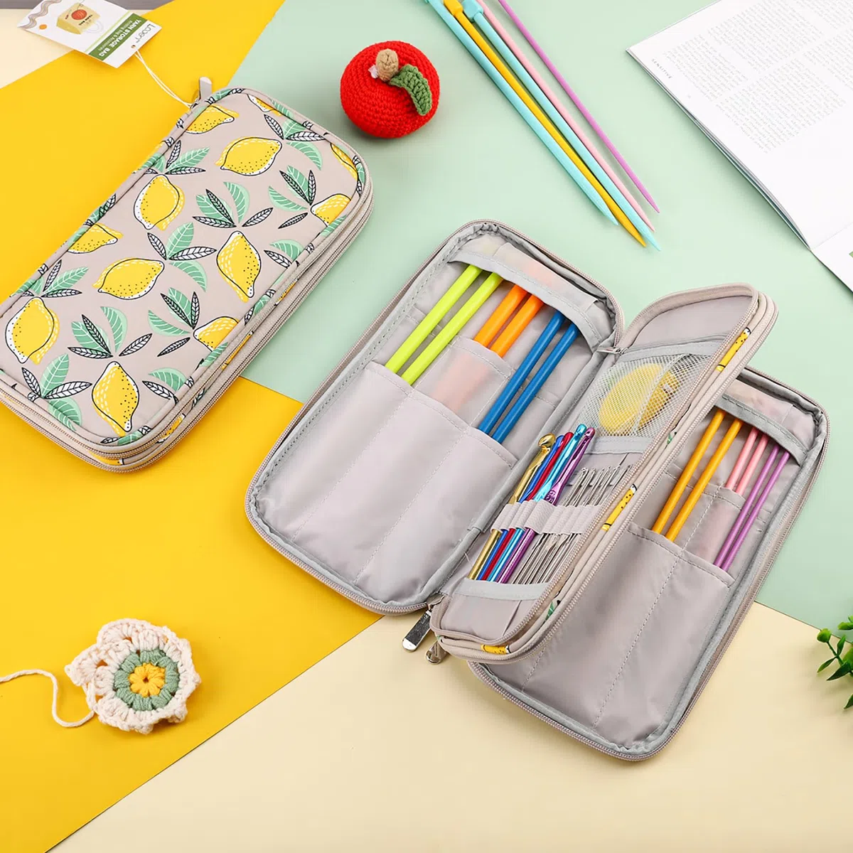 Aeelike Gelbe Zitrone Stricknadeln Häkelnadeln Aufbewahrung Etui, Doppelter Organizer Tasche mit Reißverschluss für Tunesische Häkelnadel Aufbewahrung, Stricknadel Set und Strickzubehör (OHNE Zubehör)