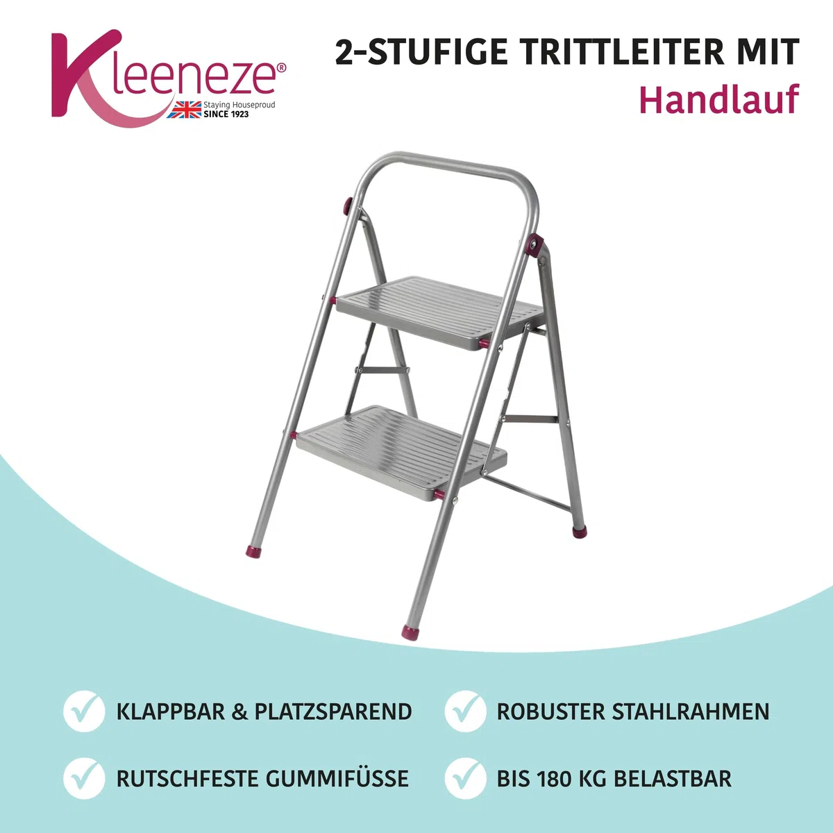 Kleeneze KL068491EU Zusammenklappbare 2-stufige Trittleiter - Leichte Klappbar DIY-Leiter mit Handlauf, Robuste Stahl, Max. 150kg, rutschfeste Trittstufen, Sicherheitsclip zur Sicheres Schließen