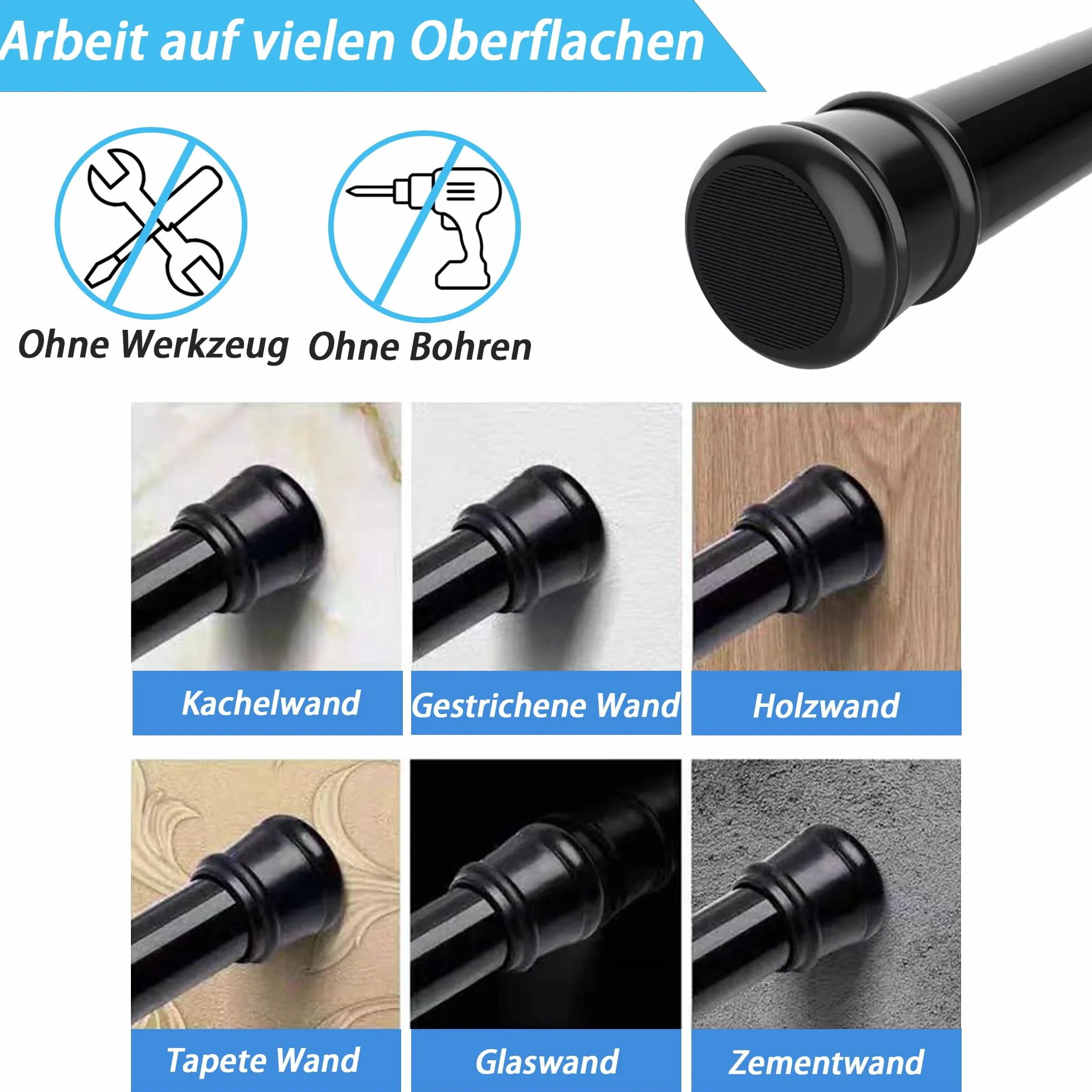 1Stück Vorhangstange Ohne Bohren Spannstange Teleskopstange Vorhang für Badezimmer, Fenster, Kleiderschrank 83-160CM Schwarz(Durchmesser 25mm)