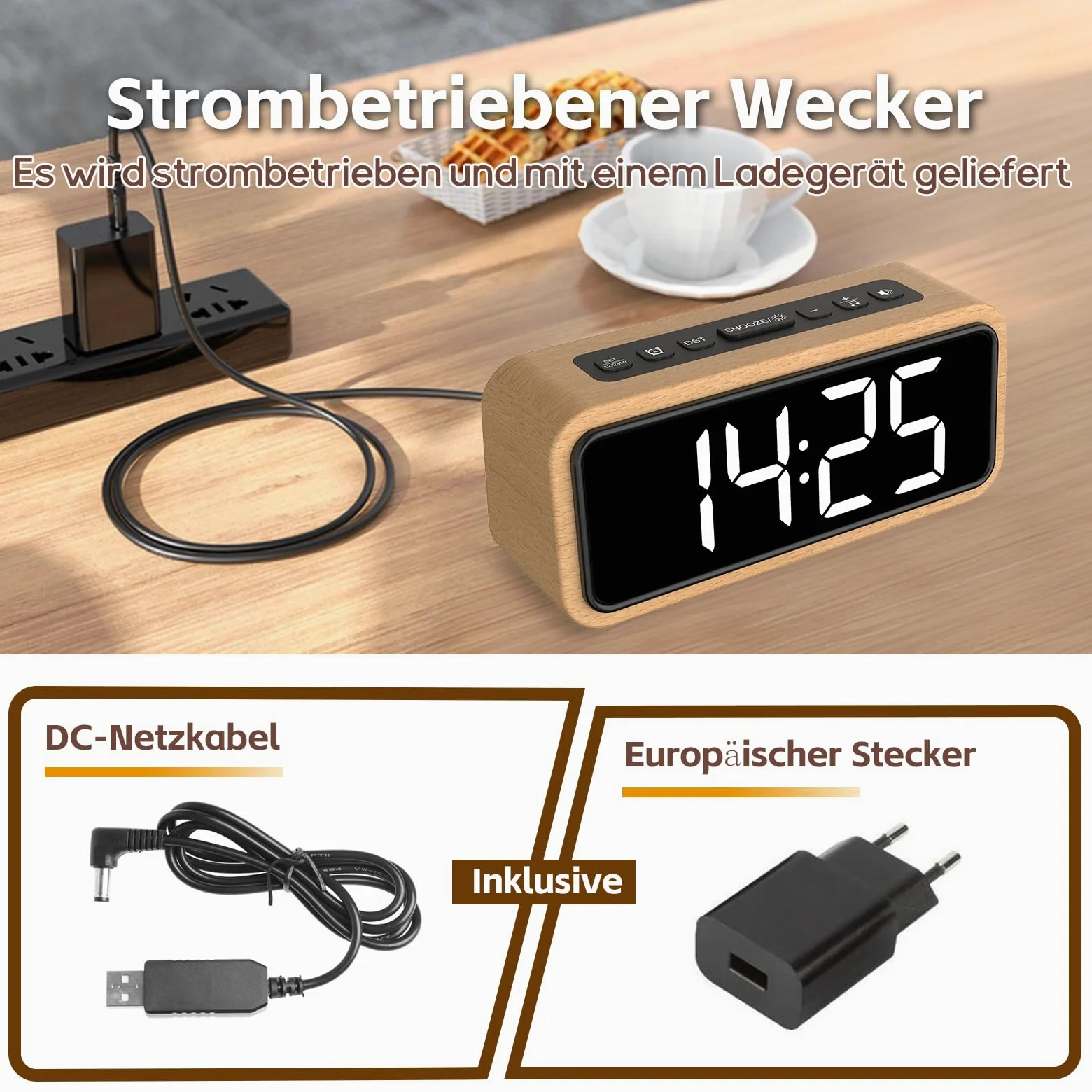 Wecker Laut für Tiefschläfer, Digitalwecker Holz mit LED Anzeige, 12 Alarm-Klingeltöne, 5 Helligkeit Einstellbar, 5 Lautstärken, Manuelles DST, Braun Wecker Retro für Schlafzimmer (Buche-Weiß)