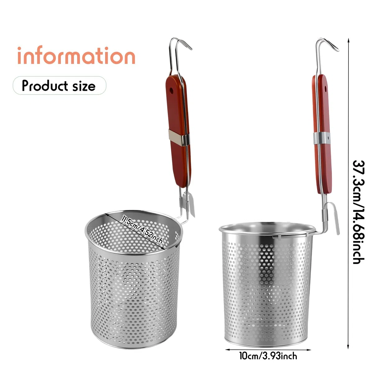 2 Stück Mikroperforiertes Edelstahl Nudelsieb, 12 cm Nudelkorb mit Holzgriff, Pasta Abseihlöffel, Tiefes Küchensieb für Knödel, Spaghetti, Obst, Knödel, Lebensmittel