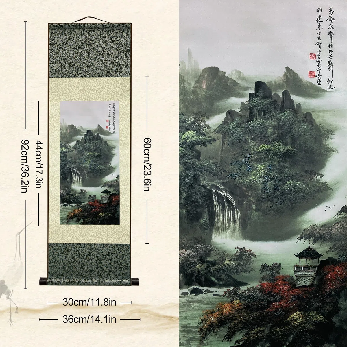 Valart Rollbild aus Seide Asiatisch Wand Dekoration Wasserfall Fluss Landschaft Gemälde - Berg Frühling Herbst Farbe Schön Chinesische Kunstwandrolle Seidenmalerei Orientalisches Dekor(93 x 30 cm)