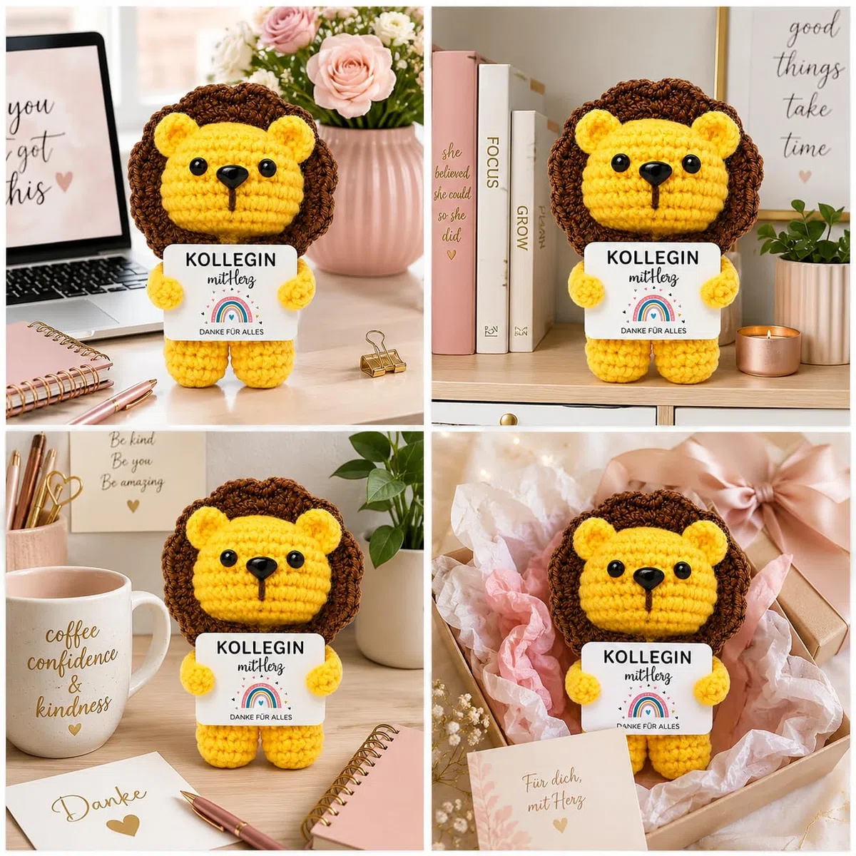 MOAZIFI Abschiedsgeschenk Kollegin, Gehäkelter Löwe mit Karte, Abschied Kollegin, Pocket Hug Glücksbringer, Danke Geschenk für Kollegin Neuer Job Ruhestand