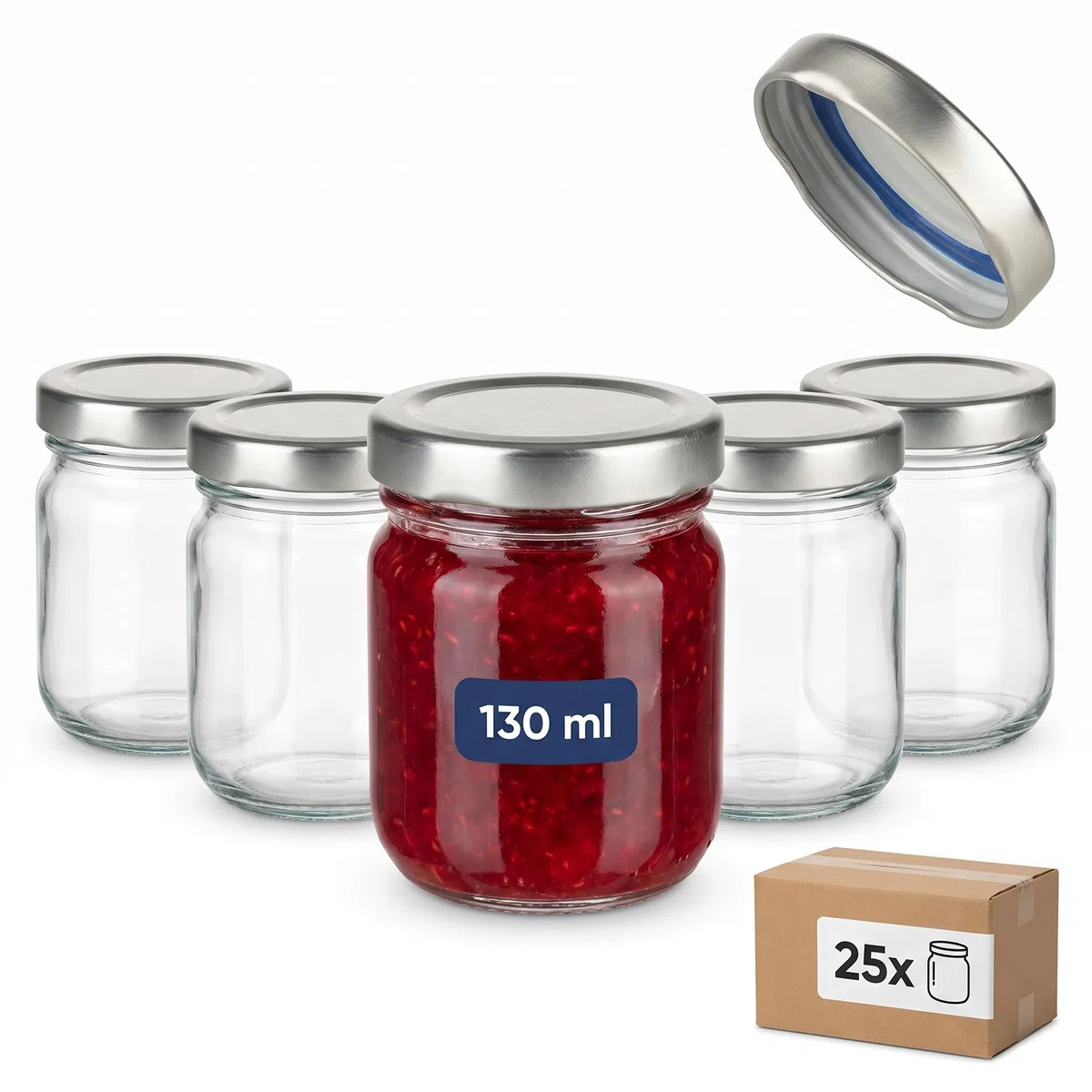 gouveo 25er Set Einmachgläser 125 ml (0,125 l) Einmachglas Helix (Sturzglas) Twist-Off Schraubdeckel TO 53 silberfarben – kleine Marmeladen-, Vorrats- & Gewürzgläser (HEG125SBS)