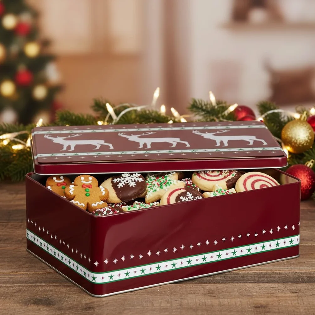 Brandsseller 5er Set Keksdosen aus Metall – Weihnachtsdosen mit Deckel, lebensmittelechte Vorratsdosen für Plätzchen, Gebäck & Kekse – Bordeaux Rentier