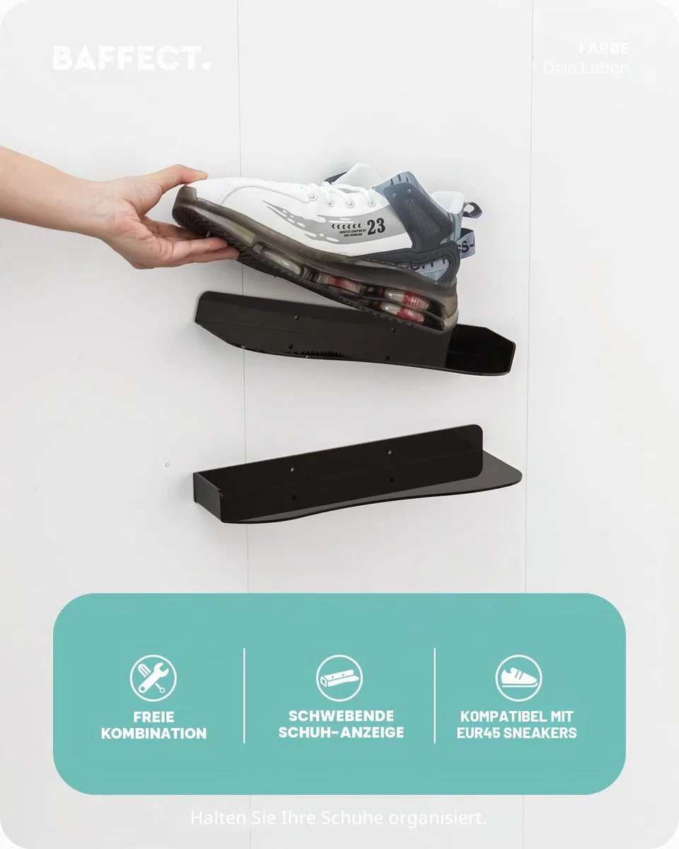 Baffect Sneaker Wandhalterungen, Schuhregal Wand mit Flexiblen Kombinationsmöglichkeiten, Schuhhalter Wand aus Acryl für 2 Paar Sportschuhe (Schwarz)