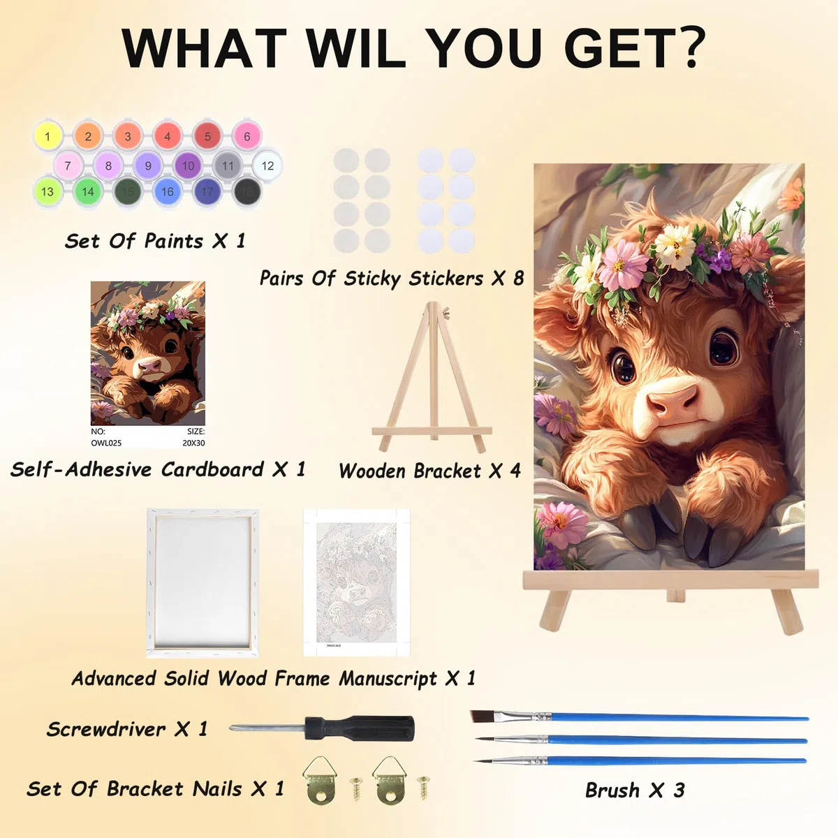 Bowetile Kuh Malen nach Zahlen für Erwachsene mit Rahmen, Tiere Malen nach Zahlen mit Holzstaffelei für Anfänger Leinwand Kit,Gemäide Bastelset auf Leinwand mit Pinseln für Home Decor 20x30cm