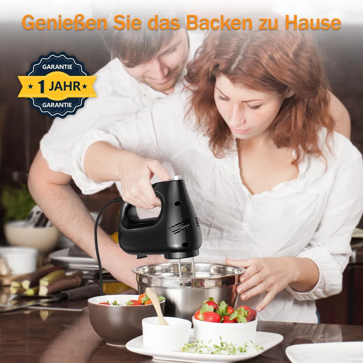 Elektrischer Handmixer 300W mit Edelstahl Schneebesen, Knethaken, Elektrische Handrührer,Turbo Boost /5 Geschwindigkeit, Handrührgerät für Backen Kuchen, Eier Sahne Lebensmittel-Mixer (Schwarz)