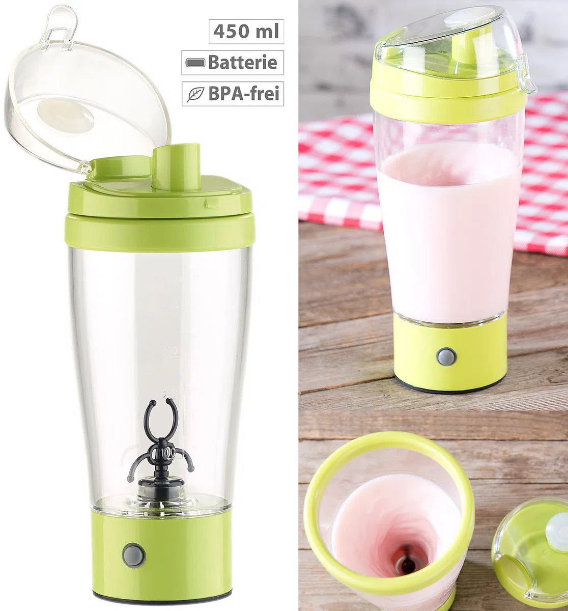 Rosenstein & Söhne Shaker: Selbstrührender Trinkbecher mit elektrischem Quirl, 450 ml, BPA-frei (Selbstrührender Shaker, Becher, Milchaufschäumer)
