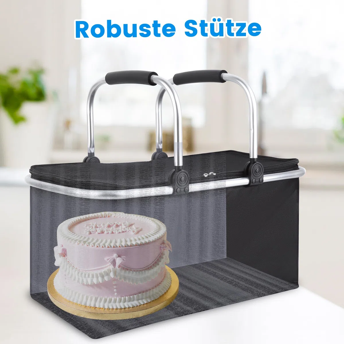 AOKLEY 30L Kühlkorb Einkaufskorb mit Deckel isoliert faltbar Picknickkorb | Isolierter Reißverschlussdeckel Alu Klapprahmen 2 Henkel faltbare Stützstange Picknick Kühltasche Thermo Kühlfunktion Schwarz