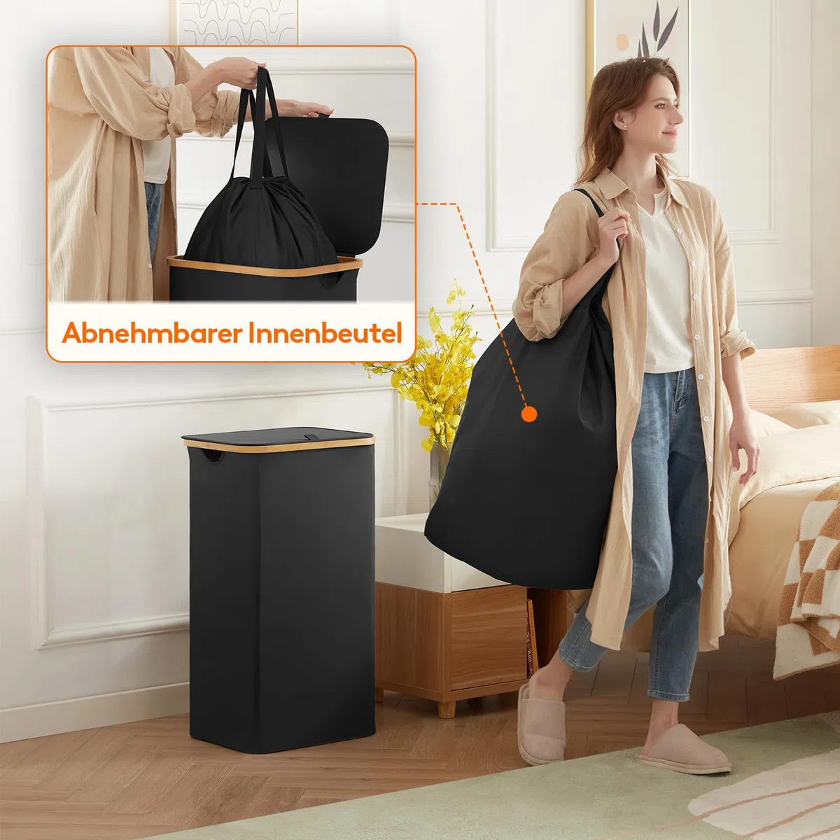 Lifewit 100L Wäschekorb mit Deckel, Wäschekörbe für Wäsche mit Bambus Griffe und Eine Abnehmbare Wäschesack, Große Faltbare Wäschekorb für Schlafzimmer, Bad, Schlafsaal, Waschküche, Schwarz