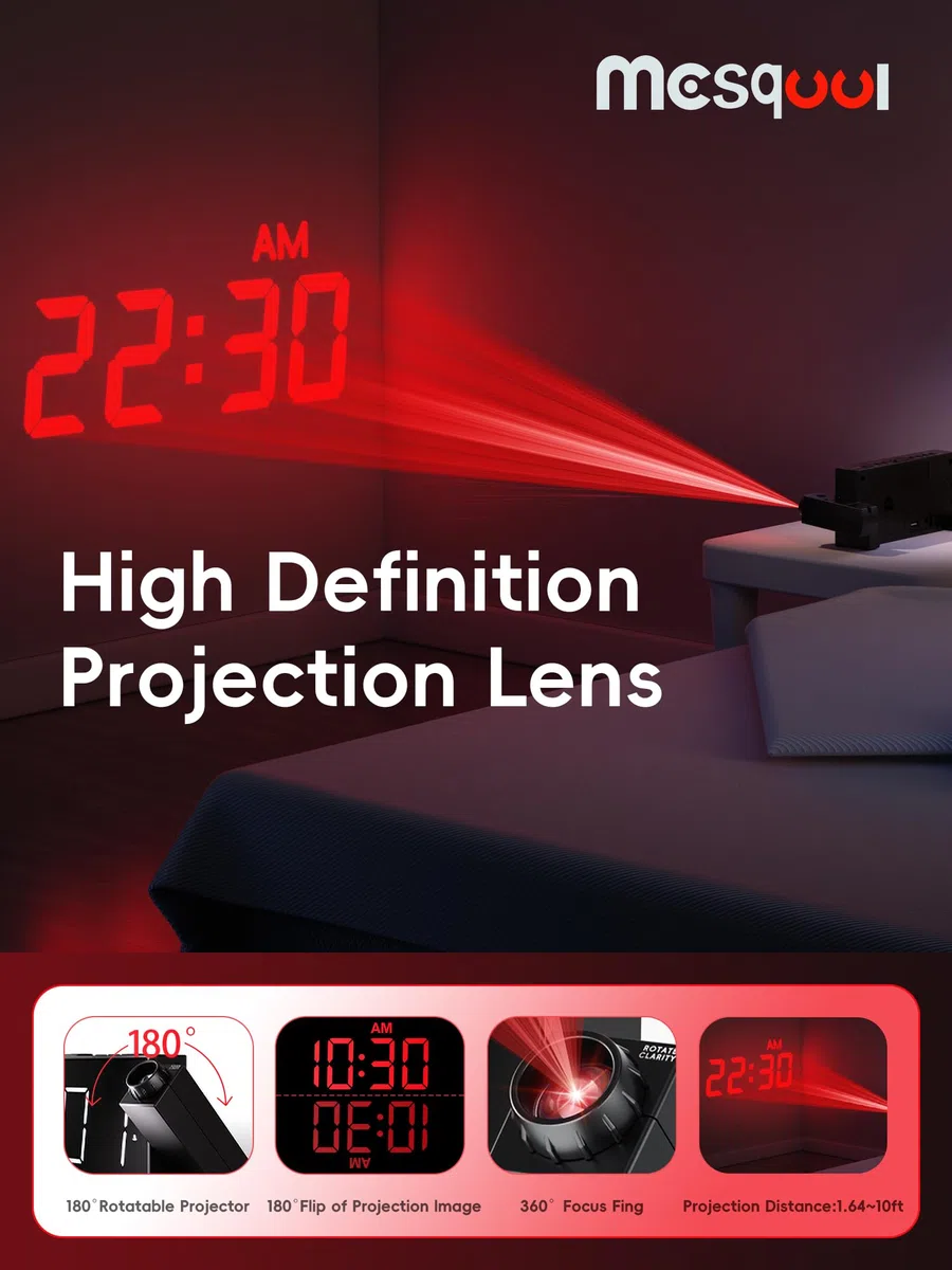 Projektionswecker für Schlafzimmer, Digitalwecker mit großer 7" LED-Anzeige, Dimmer, 180° Projektor, USB-Ladegerät, 12/24 H, DST, Snooze, Batterie Backup, Schreibtisch Wand Deckenuhr für ältere Kinder