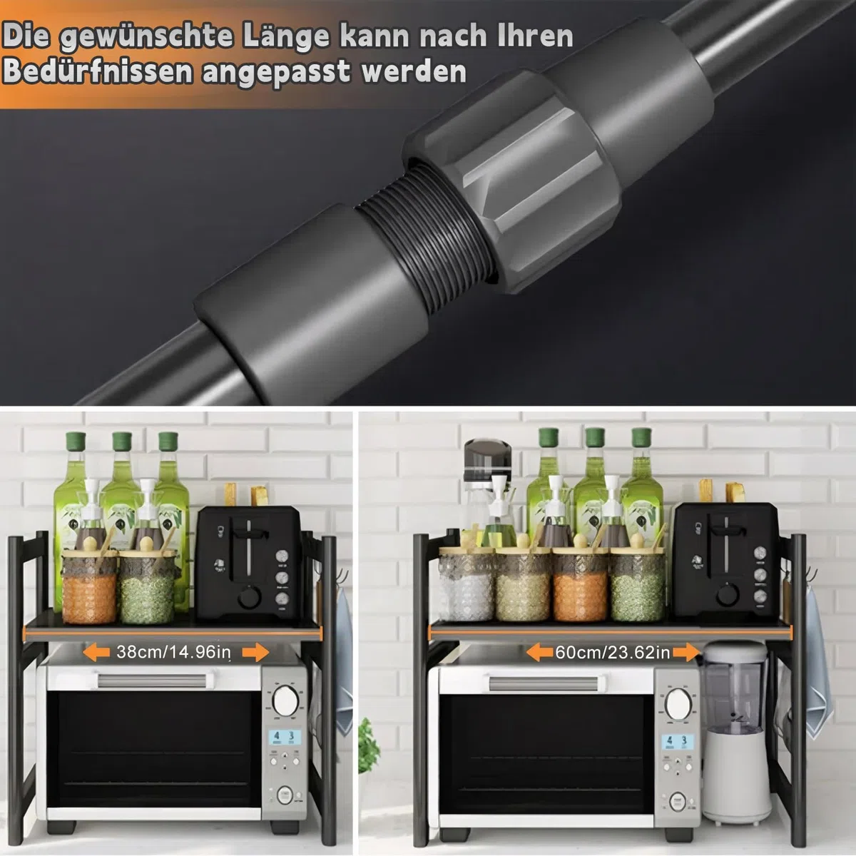 Erweiterbares Mikrowellen Regal 2 Stufig mit 6 Haken,Mikrowellenregal Küchenregal Teleskopregal Ausziehbar von 42-64cm,Arbeitsplatte Bäckerregale Gewürzregal Organizer für Küchen (Schwarz-2)
