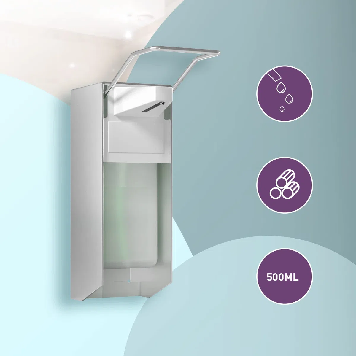 Eurospender, Seifenspender Wandbefestigung, Soap Dispenser Mit Ellbogendruck Für Desinfektionsmittel Und Handseifen, Weißer Seifenspender, Aluminium, 500 Ml