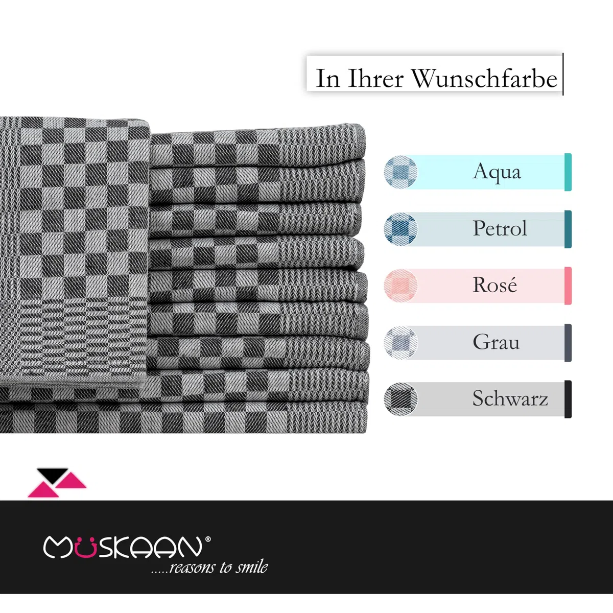 Müskaan 10er Set Geschirrtücher 100% Baumwolle 50x70 cm Schwarz 210 g/m² | Küchenhandtücher für Abtrocknen, Grubentücher zum Putzen, Fusselfrei Geschirrhandtücher, Küchentücher saugstark, Geschirrtuch