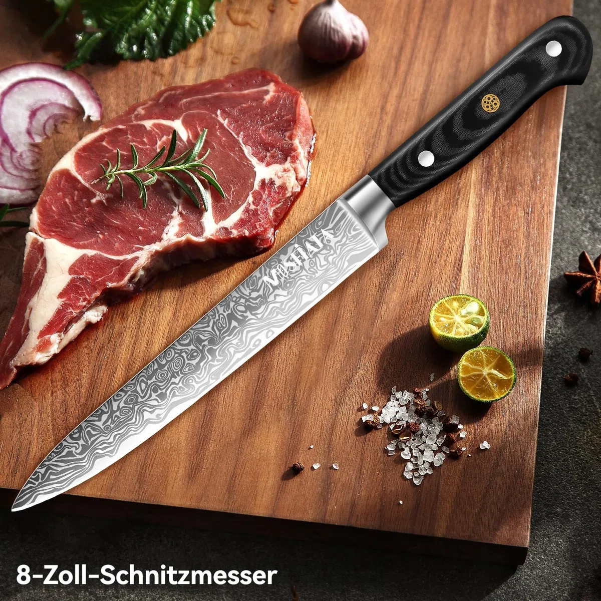MOSFiATA 8 Zoll Schinkenmesser, Dönermesser EN1.4116 Stahl, Truthahnmesser Schneidmesser Lachsmesser Tranchiermesser, Küchenmesser für Truthahn, Geschenkset mit Messerscheide und Tuch