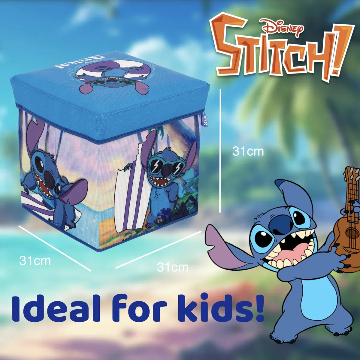 Superdiver - Aufbewahrungsbox und Hocker Stitch - Offizielle Lizenz Disney - 30x30x30 cm - Faltbarer Pouf mit gepolstertem Deckel - Spielzeug-Organizer