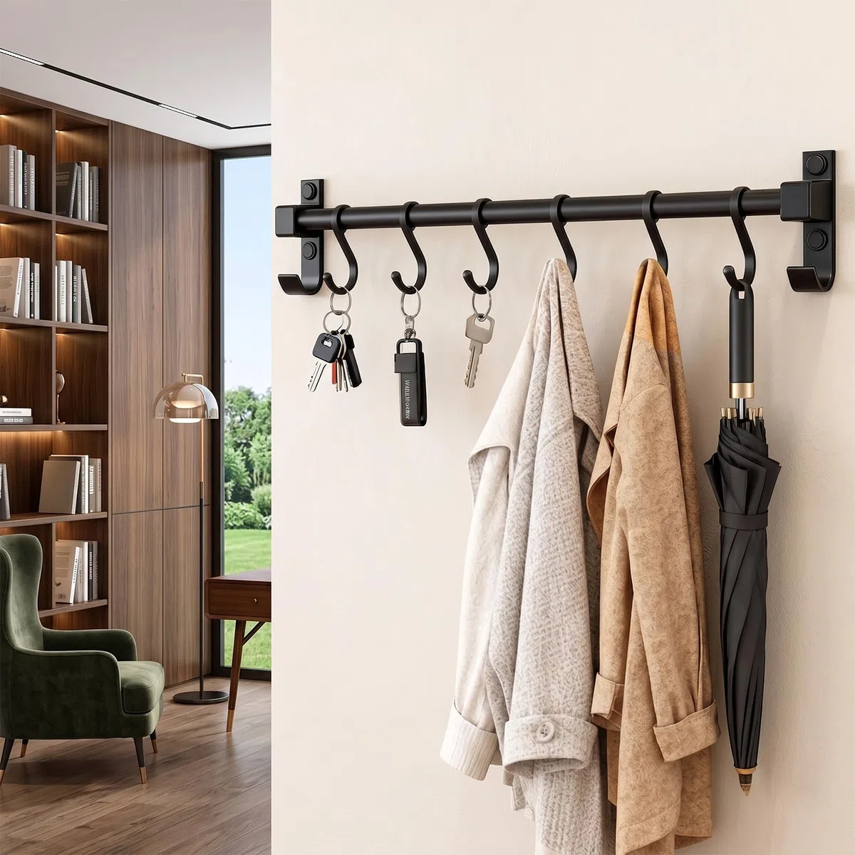 40 cm Hakenleiste Küche, Multifunktionaler Stange für Küchenutensilien, Küchenreling Schwarz mit 6 Beweglichen Haken, Küchenstange aus Aluminium, für Aufbewahrung Löffeln, Handtüchern, Scheren