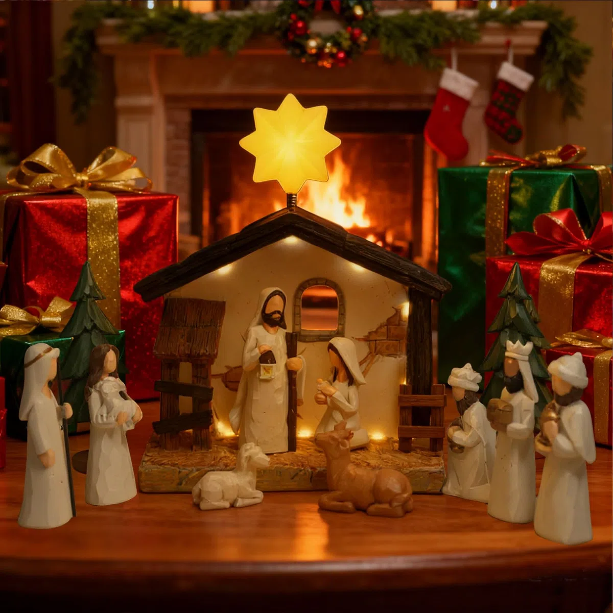 Krippenfiguren Set, Krippe Weihnachten, Nativity Scene, Krippenfiguren mit Beleuchtung, Weihnachtsdekoration Indoor (13er Set)