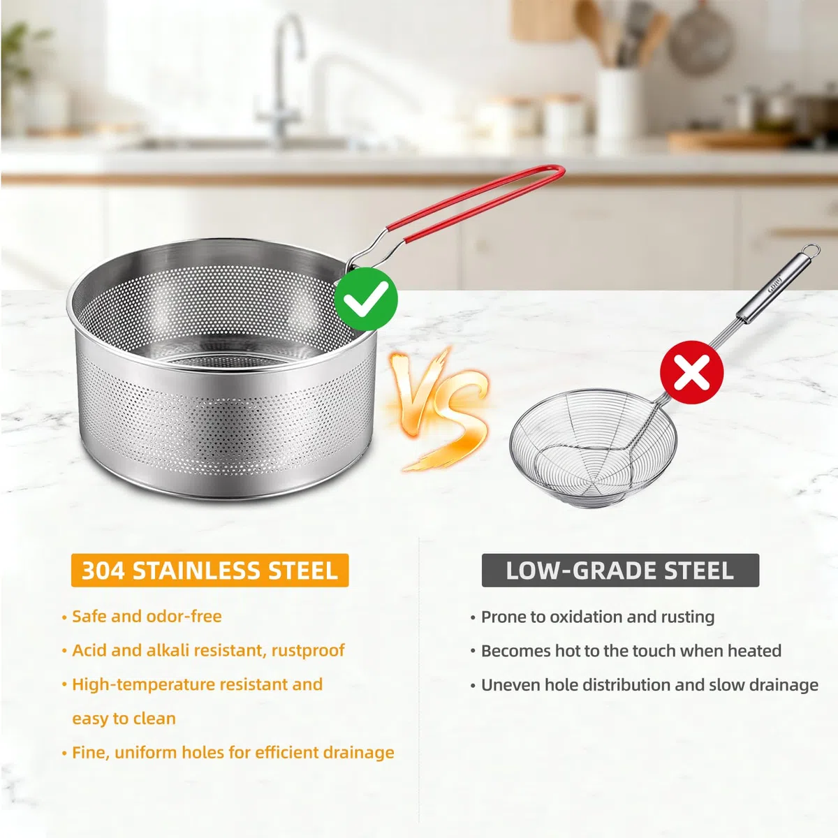 IIRC Nudelsieb Edelstahl 3er Set, 16/18/20cm Edelstahl Sieb Küche mit Abnehmbaren Griff für Waschen, Abtropfen, Frittieren, Blanchieren, Kochen
