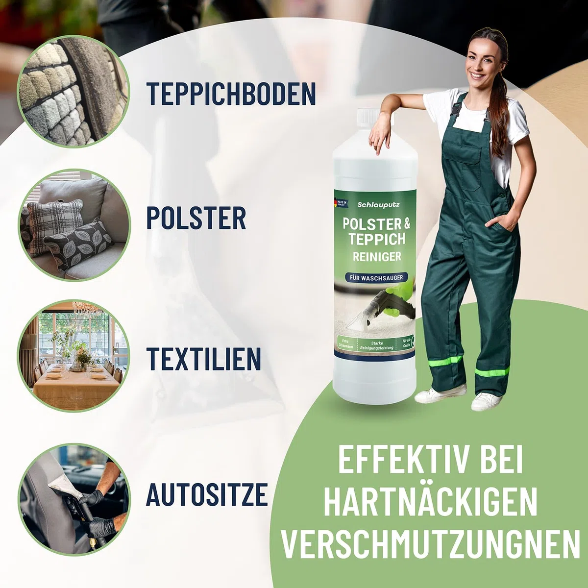 Waschsauger Teppichreiniger & Polsterreiniger Konzentrat – 1L Fleckenentferner Reinigungsmittel für Teppich, Sofa, Autositze – Anwendung im Nasssauger & Handreinigung – Ohne Bleichmittel