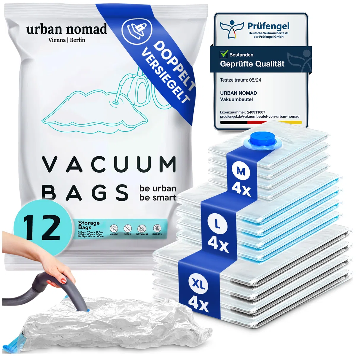 Vakuumbeutel Kleidung 12er Set 3 Größen - Vakuum Beutel für Staubsauger Wiederverwendbar 100% Dicht & Robust | Reise Kompressionsbeutel Kleiderbeutel Aufbewahrungsbeutel Vakuumtüten Kleidersack XL