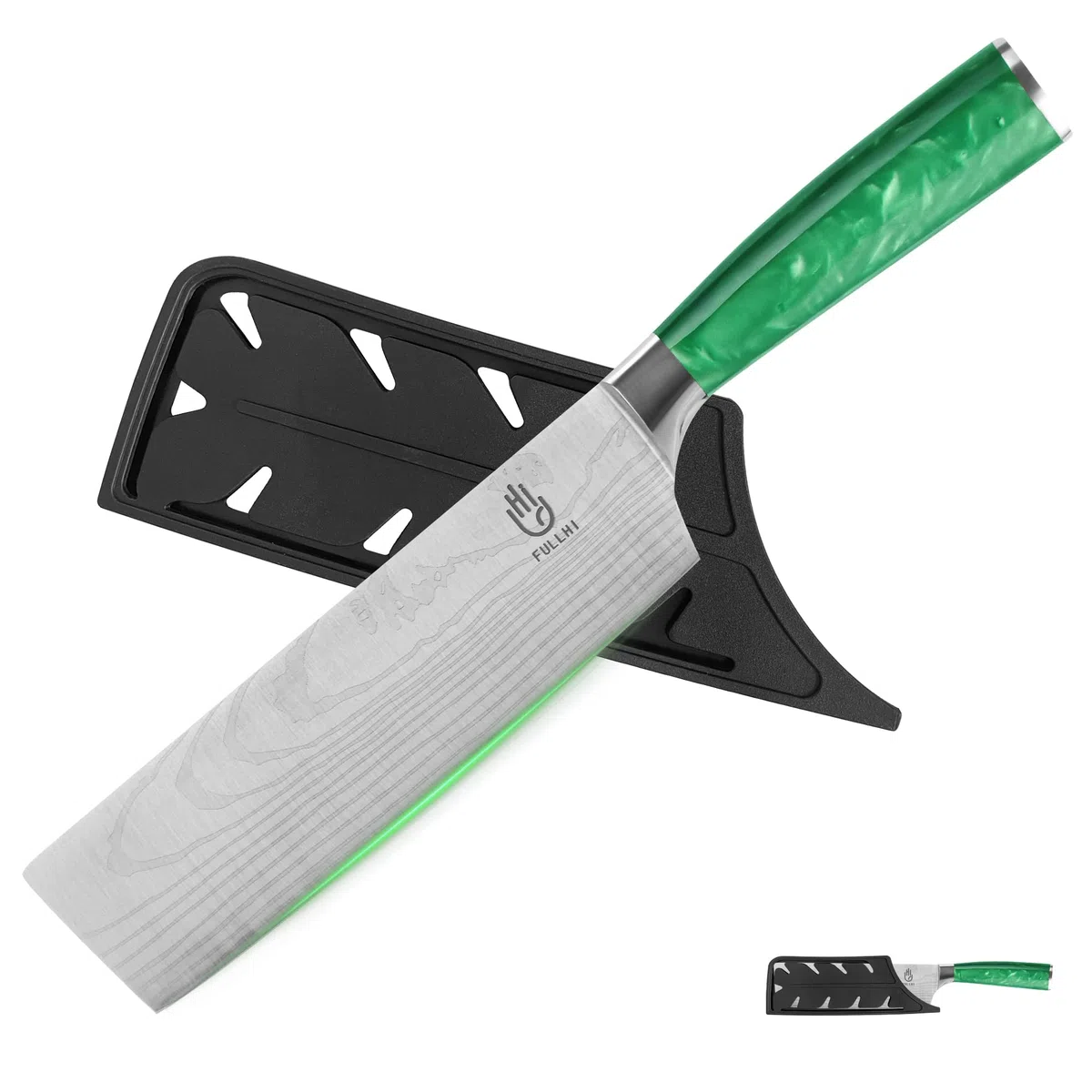 FULLHI Nakiri Messer,Multi Farbe 7 Zoll japanisches Messer mit Schutz Küchenmesser mit Scheide (Grünes Harz)