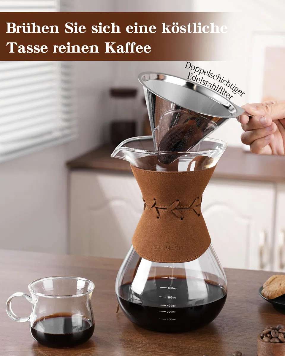 Kaffeebereiter mit Filter aus Edelstahl, 800ml Kaffeekanne für 5-6 Tassen Glas Pour Over Kaffeebrüher mit Filter Kaffee-Tropfer Brauer Kaffee