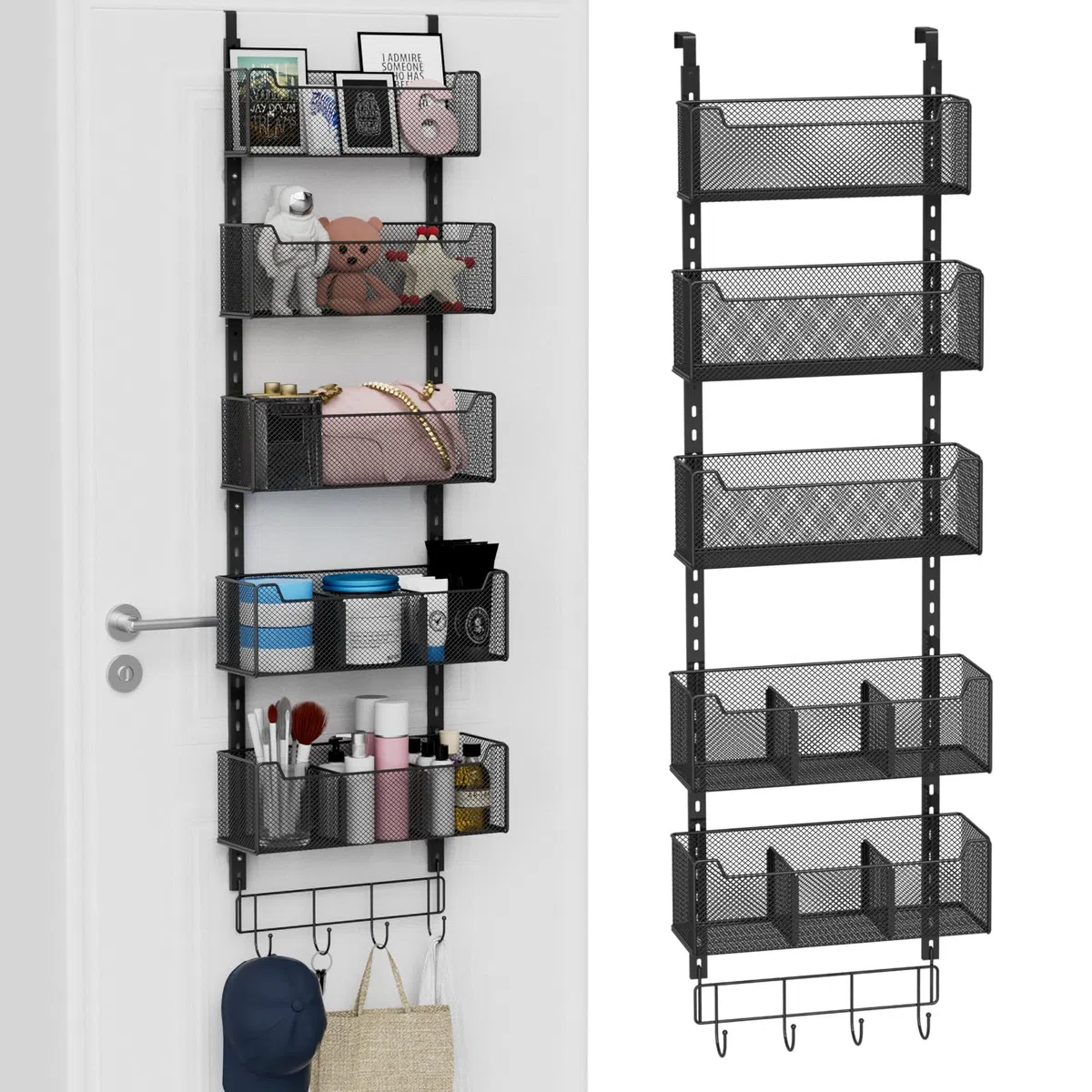 Über-der-Tür-Organizer, 5-stufig, 4 verstellbare Körbe und 8 Haken, freistehender Hänge-Organizer für die Tür, Aufbewahrung an der Türrückseite, geeignet für Küche und andere Räume, schwarz