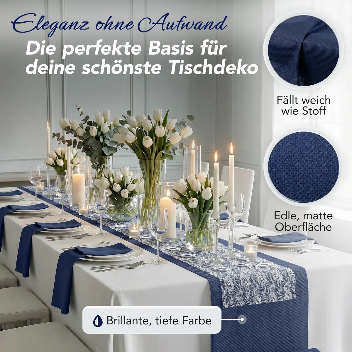 Vlies Tischläufer Dunkelblau [30cm x 25m] - Einweg Tischband als edle Tischläufer Tischdeko für Hochzeit, Kommunion, Taufe, Geburtstag, Weihnachten und Biertisch Feste