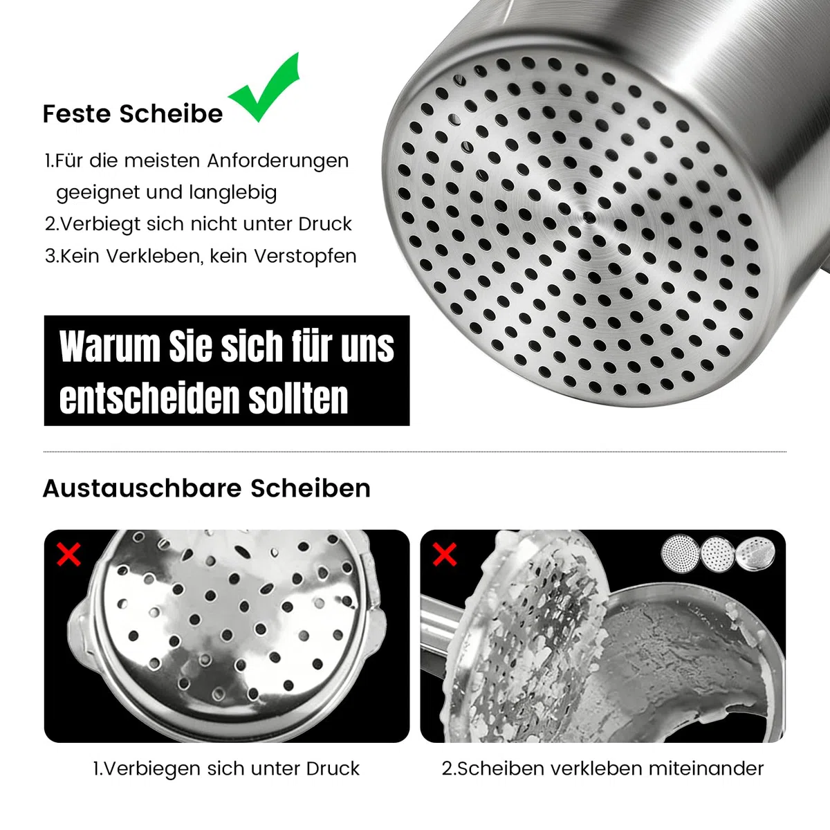 Kartoffelpresse Edelstahl mit fester Scheibe, Robuster Kartoffelstampfer mit Holz-Kunststoff-Griff, Inkl. Keramikschaber, Silikonspatel & Reinigungsbürste für Kartoffelpüree