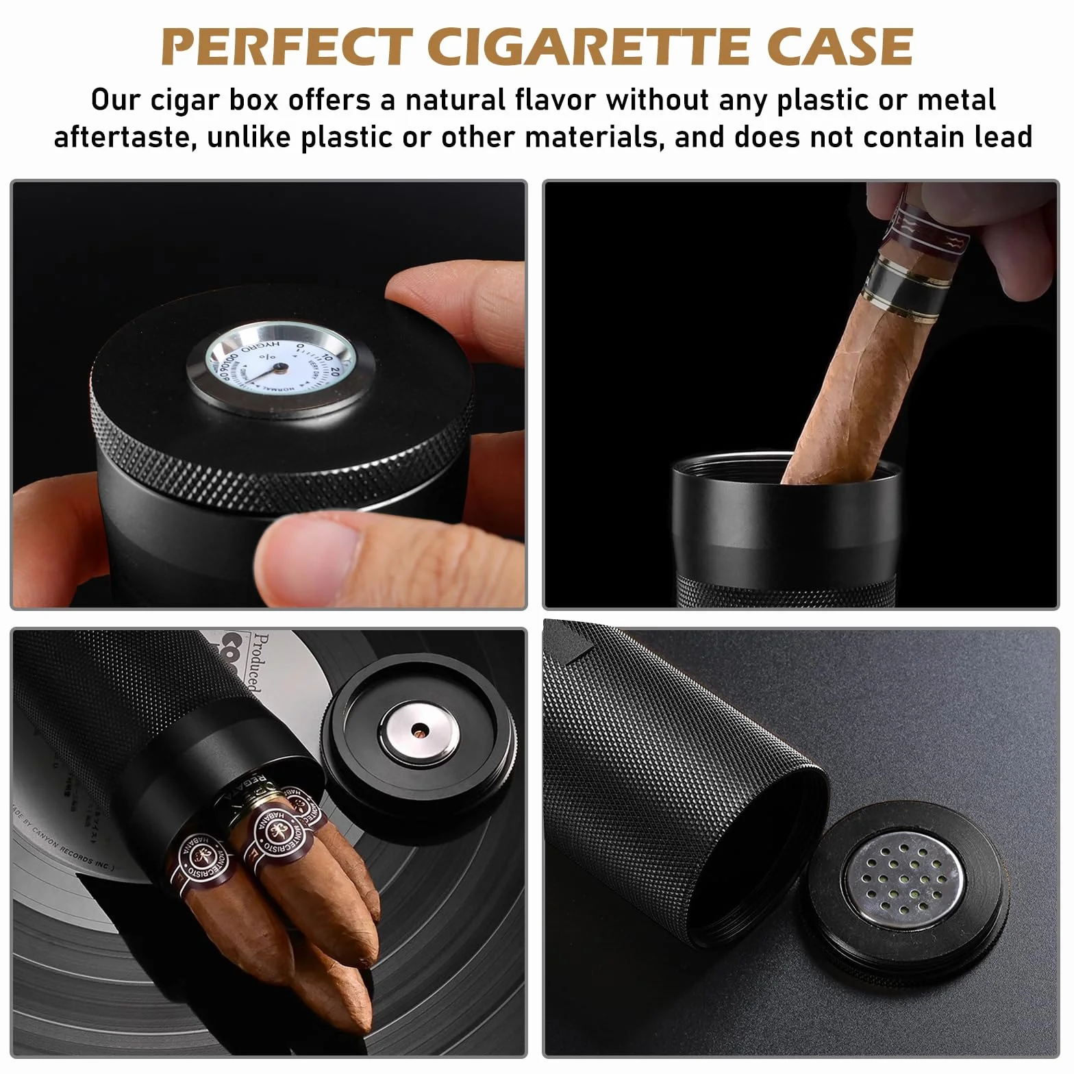 Tragbare Zigarren Humidor, Zigarren-Etui mit Hygrometer, Reise Zigarrenetui, Zigarren Etuis Röhre für 3 bis 4 Zigarren, Humidor Zigarren Edelstahl, Geschenk für Liebhaber Zigarrenliebhaber (Black)